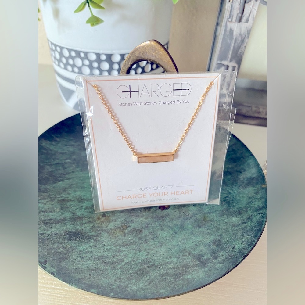 Charged stones with stories 18kt gold plated bar necklace 16” rose quartz